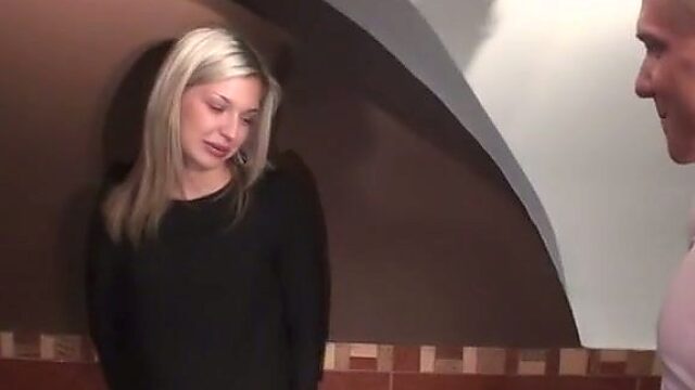 Horn made blond babe gives a head to long stiff penis in WC