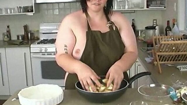 Fat BBW cook bakes apple pie in the kitchen half naked
