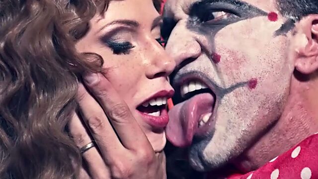 Insanely hot chick gives hot blowjob to scary clown