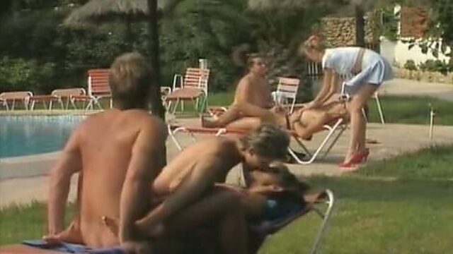 Unforgettable blowjob and orgy near the pool with hot chicks in bikini