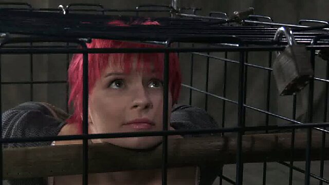 Pink haired sex-slave is sitting in the cage