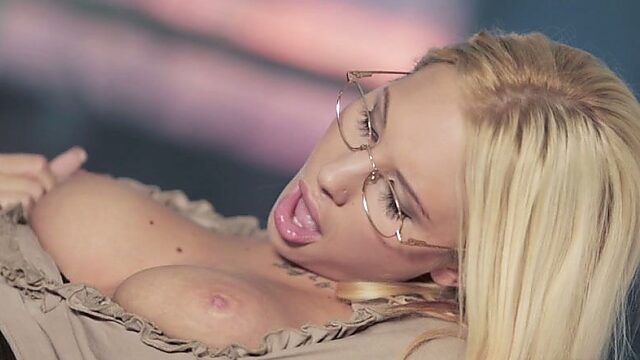 Feverish boss fucks sexy 4 eyed blondie on office table with passion