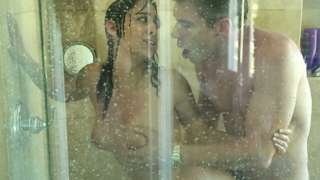 Penelope Stone and her fuck buddy have sex standing up in the shower