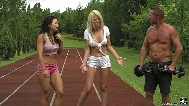 Skilled womanizer fucks two super juicy and big tittied babes after jogging