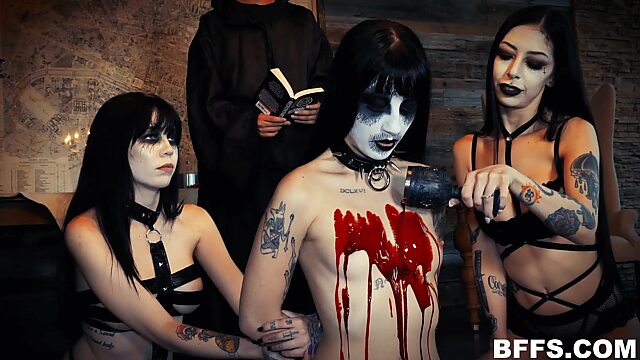 Satanic lesbian sect arranges reverse gangbang with one handsome dude