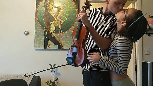 Slim Nerdy Cutie Pleases Her BF With BJ And Fuck While He's Playing the Violin