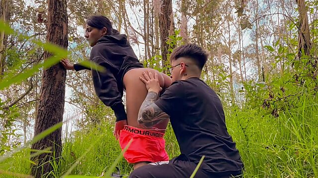 Eating and fucking on her hot pussy in the middle of the forest