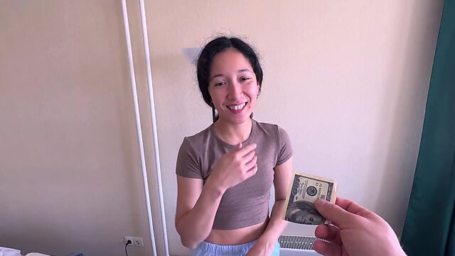 Skinny cleaning lady took money and had sex with him POV