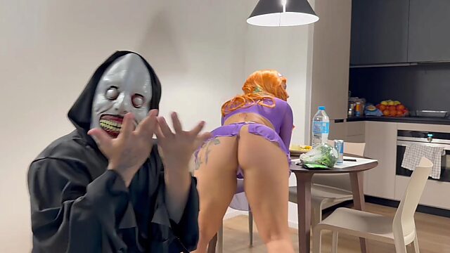 Cuvaceous latina in silly girl outfit gets suddently scared by horny monster