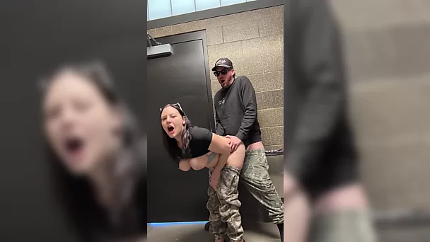 MILF wife lets her husband fuck her in the public restroom and at the hotel during their road trip