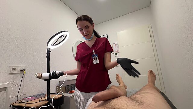 A cheeky client unceremoniously gropes but excites an equally dirty nurse on a laser